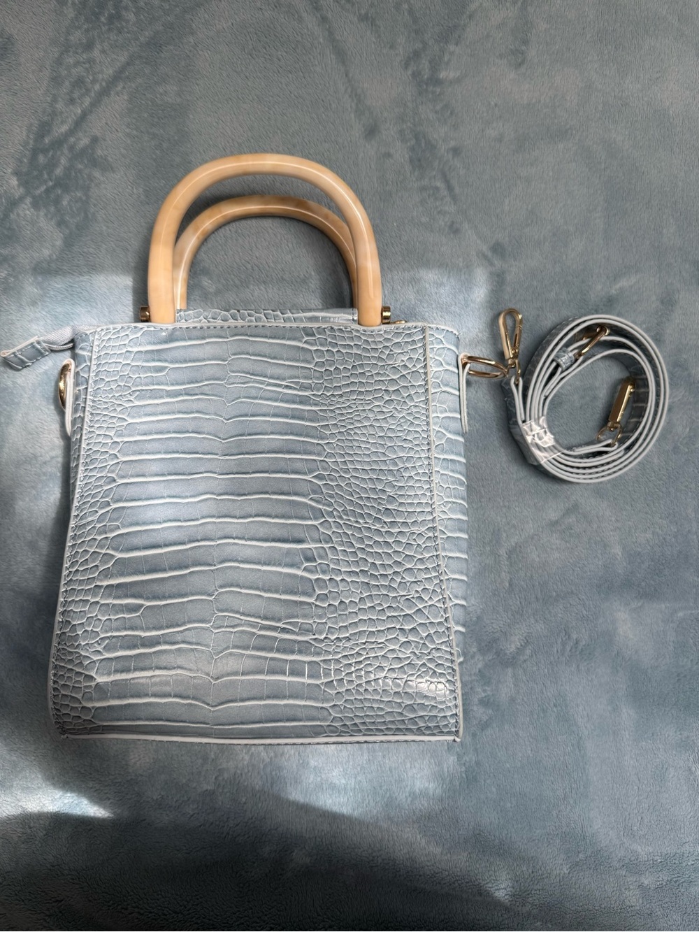 Light Blue Croc-Embossed Top Handle Bag with Removable Strap